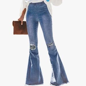 Patchwork Destoryed Flare Jeans Elastic Waist Bell Bottom Tassel Denim Pants